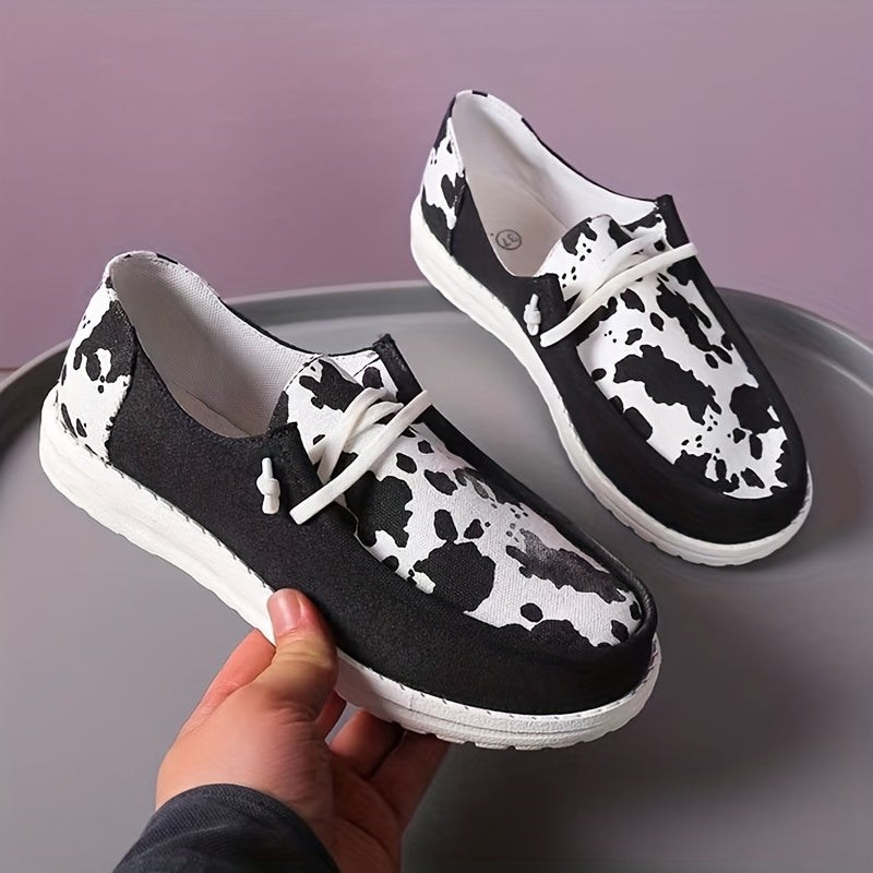 Women's Cow Pattern Canvas Shoes Casual Lace Up Outdoor Sneakers