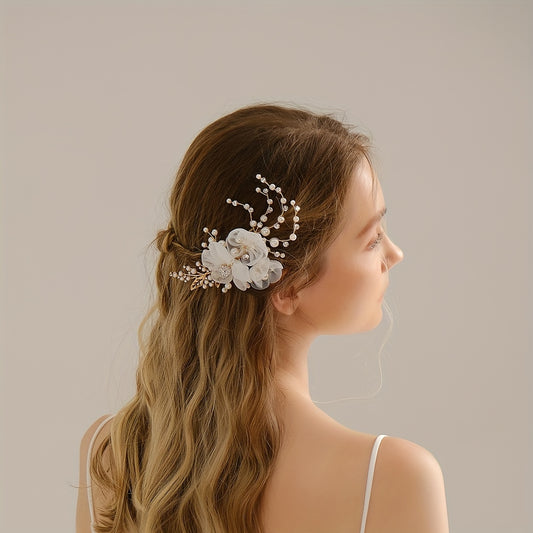 Mesh Flower Charm Hair Clip Rhinestone & Faux Pearl Decor Barrette