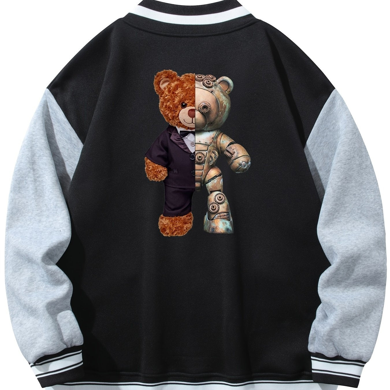 Teddy Bear Graphic Print Men's Casual Baseball Jacket