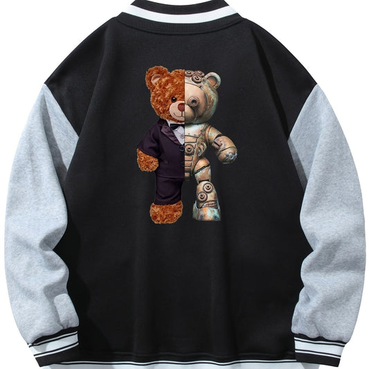 Teddy Bear Graphic Print Men's Casual Baseball Jacket