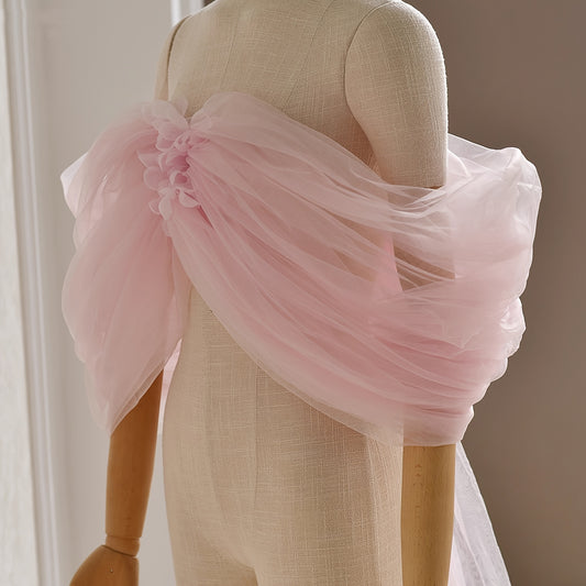 Romantic Pink Wedding Dress Cape w/ Floral Embellishments & Long Train