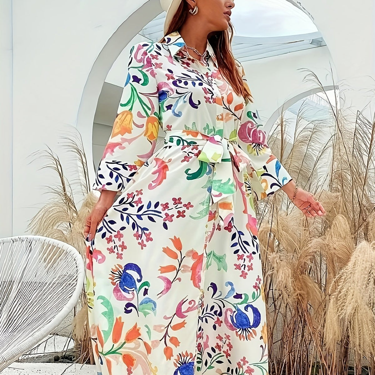  Floral Print Long Sleeve Shirt Dress With Belt