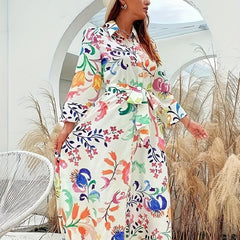  Floral Print Long Sleeve Shirt Dress With Belt