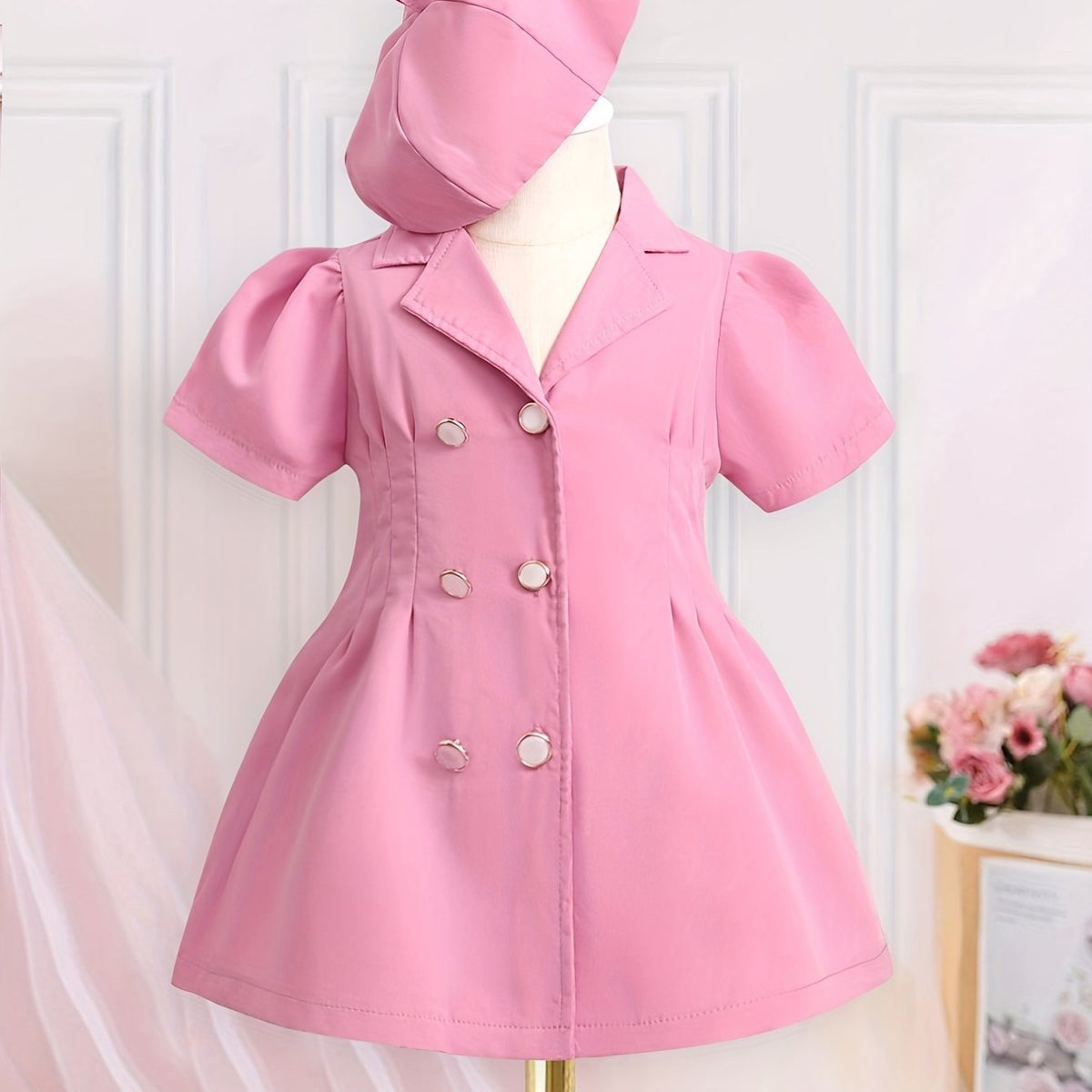 2pcs Baby Girls Short Sleeve Tunic Dress & Beret Set