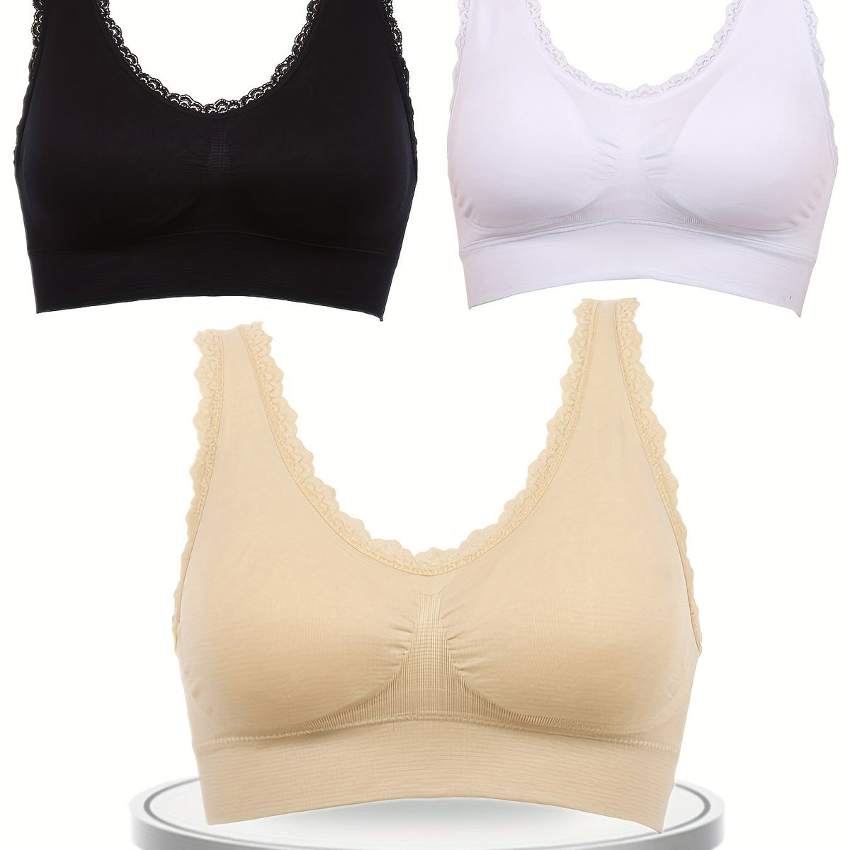 3 Pcs Lace Trim Sports Bra for Women, M-3XL