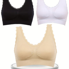 3 Pcs Lace Trim Sports Bra for Women, M-3XL