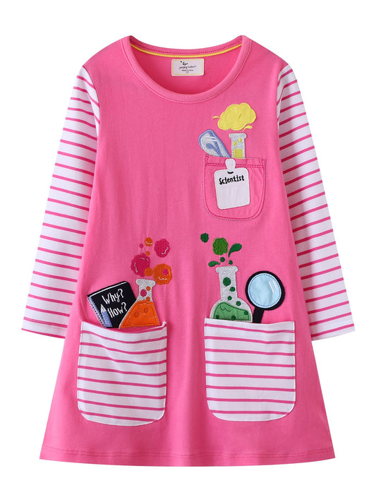 Girls Cotton Long Sleeve Dress Striped Print Patchwork Kids Clothes