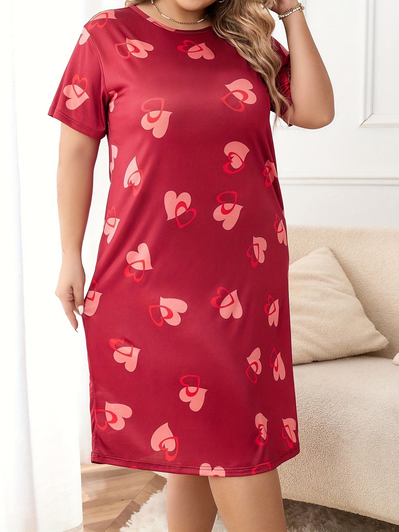  Heart Print Short Sleeve Sleep Dress