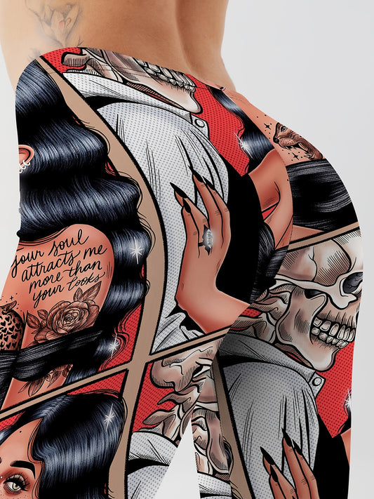 Cartoon Skull Print Yoga Leggings For Halloween High Stretch
