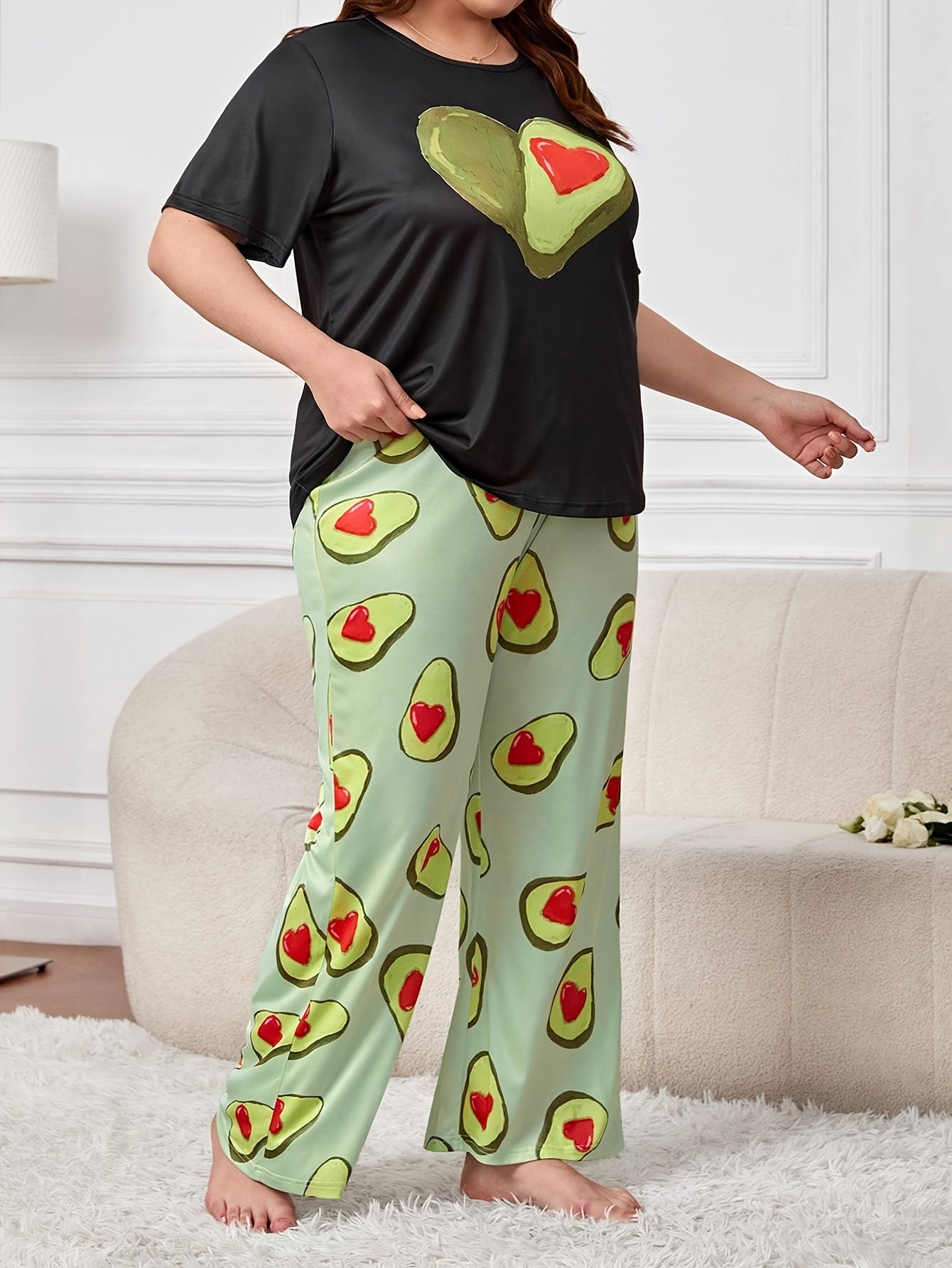  Avocado Print Pajama Set Short Sleeve Tee & Pants Loungewear