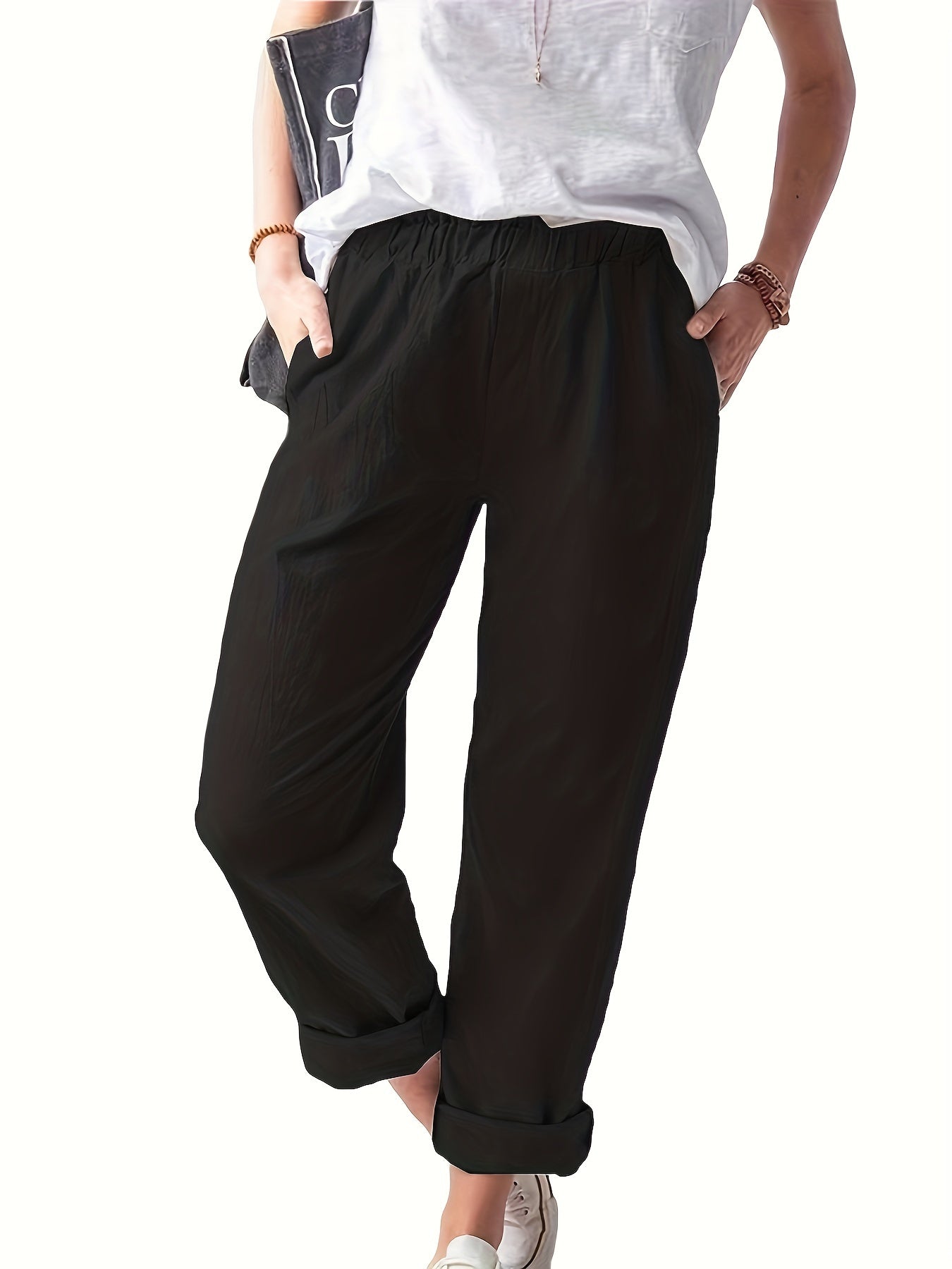 Women's Plus Solid High Rise Straight Leg Pants With Pockets