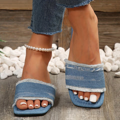 Women's Denim Flat Slides Sandals Square Open Toe Slip On