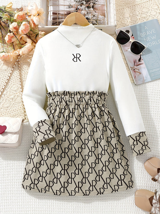 2pcs Girls Mock Neck Long Sleeve Dress Set Kids Autumn Winter Clothes