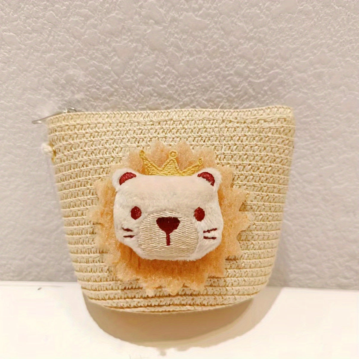 Straw Woven Diagonal Bag Lion Doll Mini Coin Purse