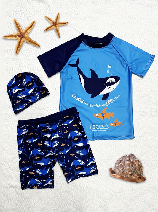 Toddler Boys Shark Swimsuit Set Short Sleeve Top & Shorts & Cap