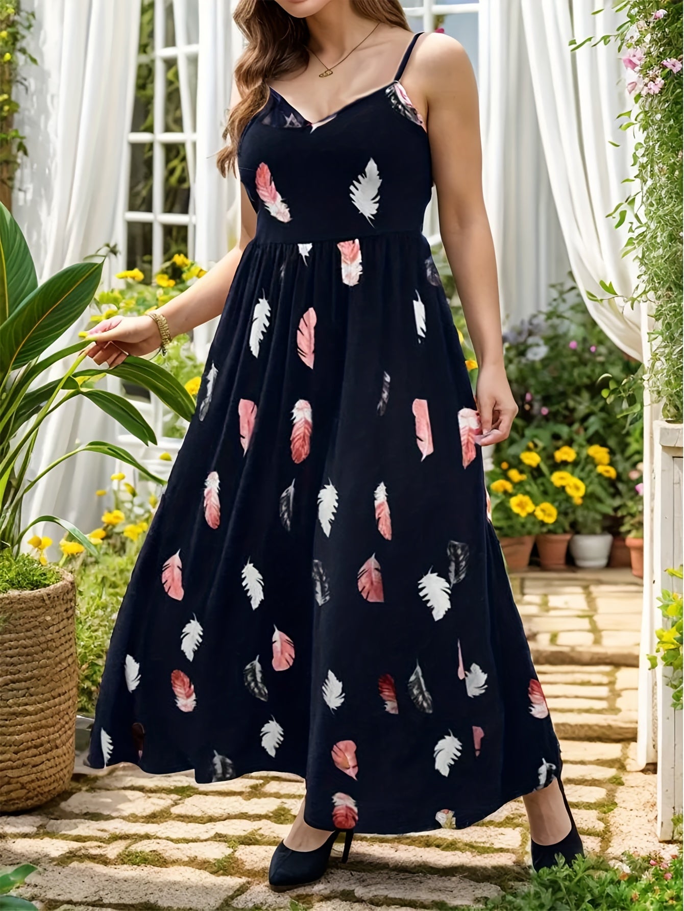  Feather Print Maxi Cami Dress
