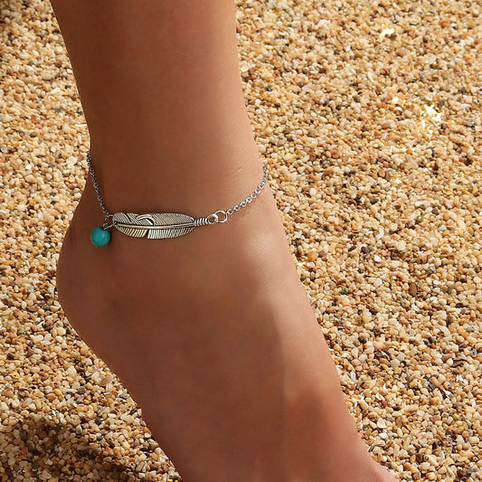 Leaf Shape Ankle Bracelet Stone Pendant Chain for Summer Beach Jewelry
