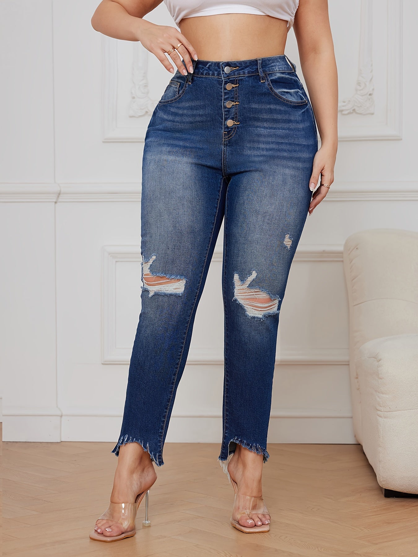  Ripped Button Fly High Rise Jeans