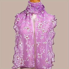Ruffles Flower Embroidery Scarf Gauze Shawl for Spring & Summer