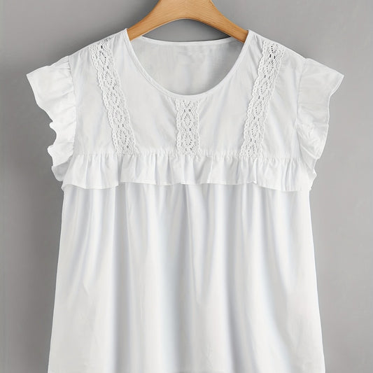  Lace Trim Cap Sleeve Blouse