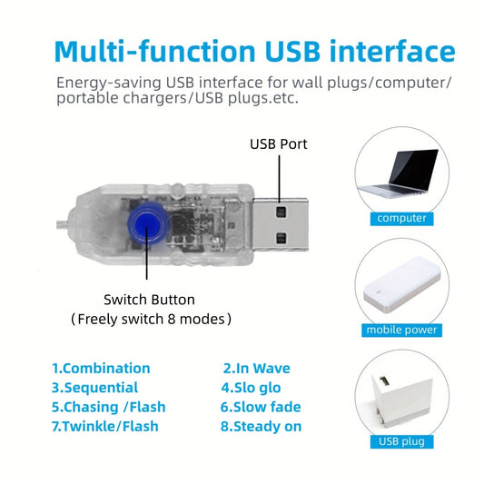 4m 13ft 90LED Icicle Lights Outdoor Decoration 8 Modes USB Plug In Waterproof