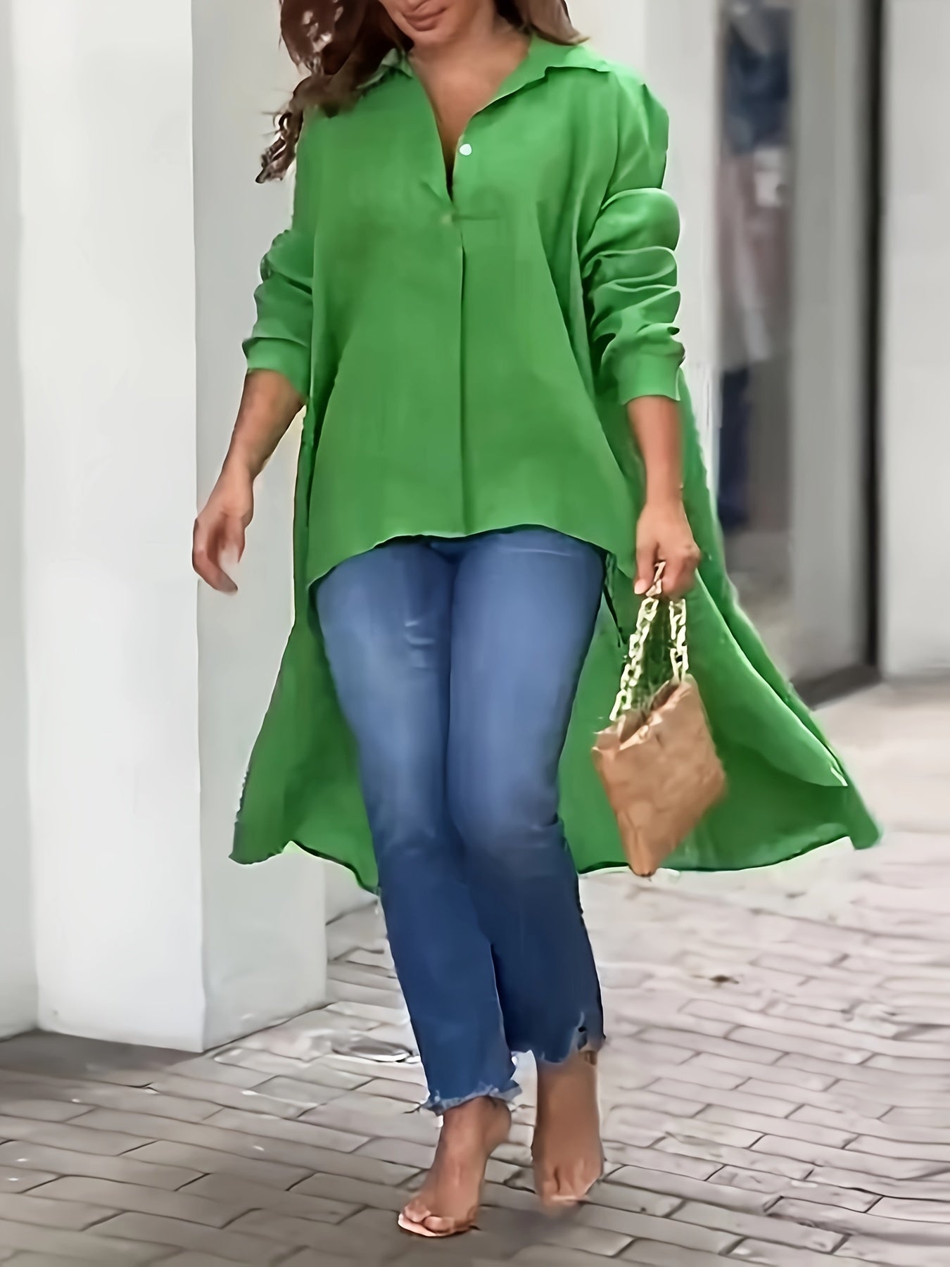  Solid Button Long Sleeve Casual Blouse