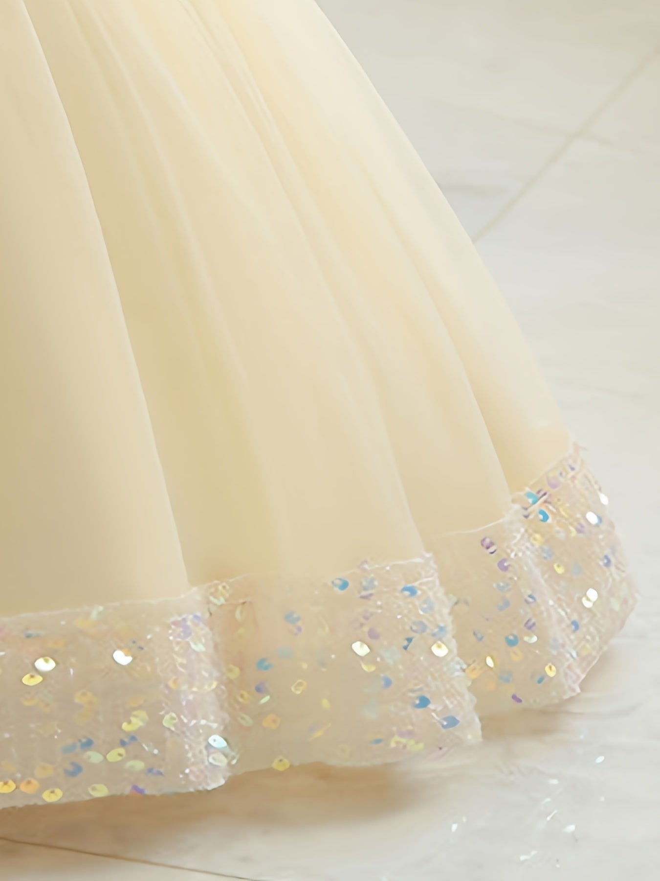 Baby Girls Flower Bowknot Decor Puff Sleeve Mesh Sequin Princess Dress