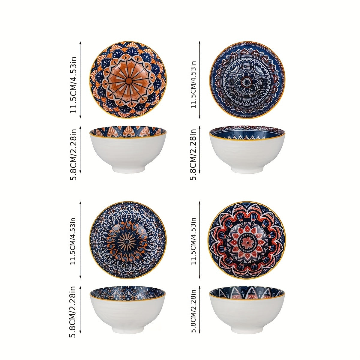 Bohemian Ceramic Rice Bowls Set of 4 Assorted Dinnerware Geometric Pattern