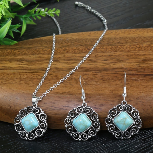 Vintage Silver Turquoise Earrings Necklace Set