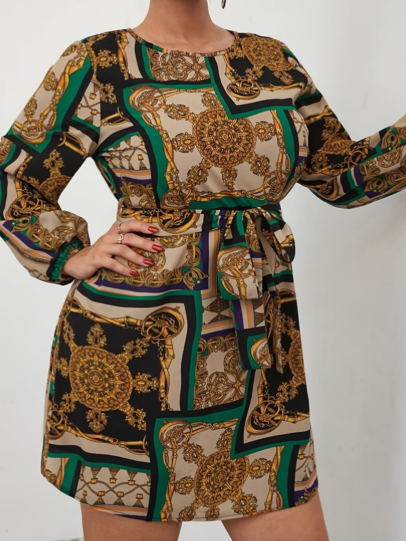  Scarf Print Lantern Sleeve A line Dress