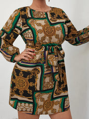  Scarf Print Lantern Sleeve A line Dress