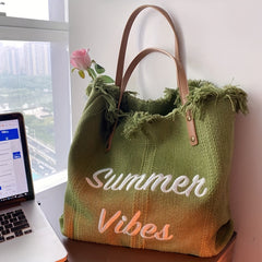 Fringe Trim Canvas Tote Bag Letter Embroidered Shoulder Bag