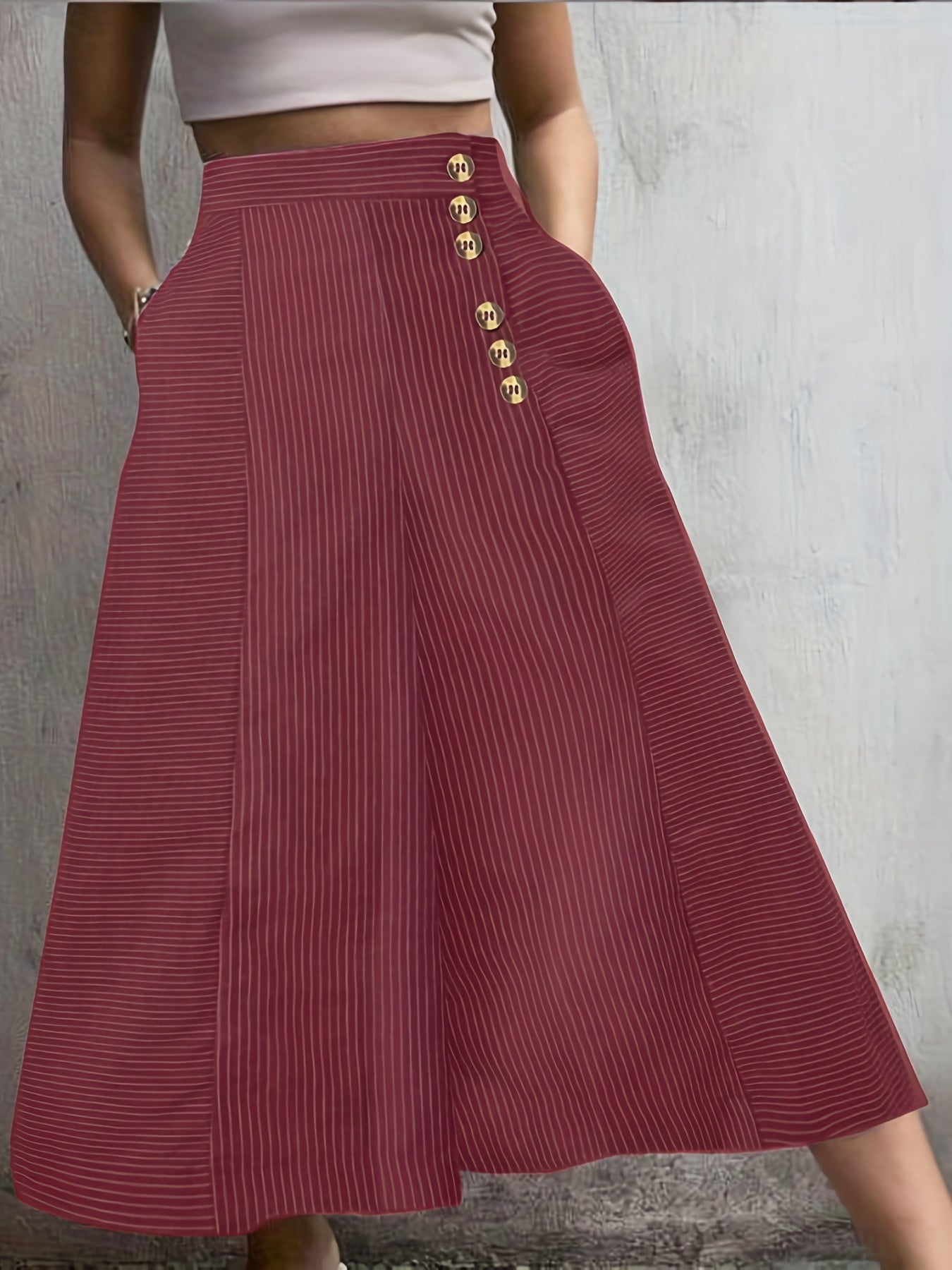  Stripe Print Wide Leg Button Up Loose Pants