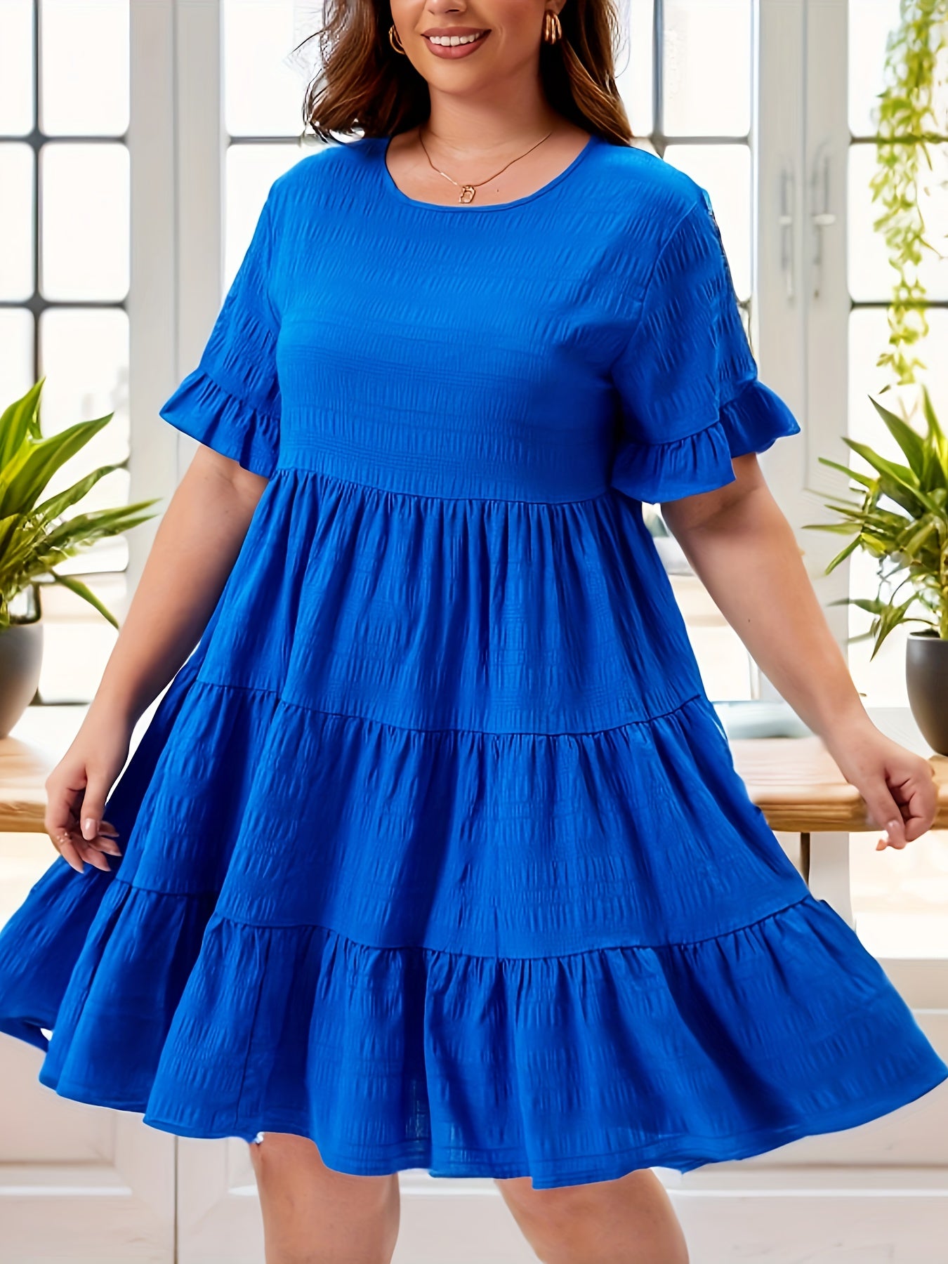  Solid Short Sleeve Ruffle Trim Smock Dress