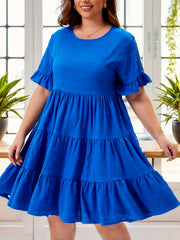  Solid Short Sleeve Ruffle Trim Smock Dress