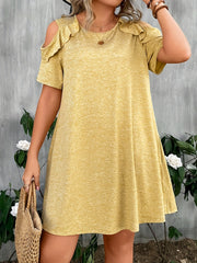  Casual Dress Women's Plus Solid Ruffle Trim Cold Shoulder Mini Dress