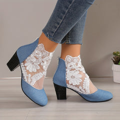 Women's Mesh Block Heel Boots Embroidered Back Zip Ankle Boots