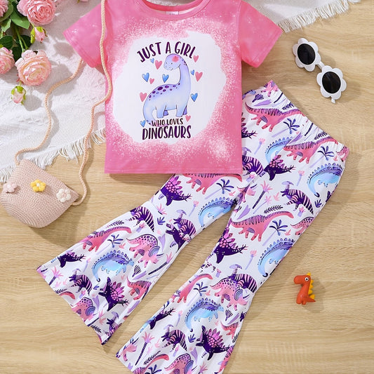 2pcs Toddler Girls Dinosaur T Shirt & Flare Leg Pants Set