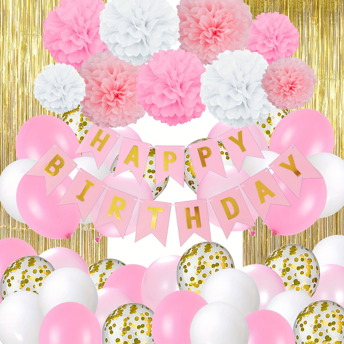 Pink Birthday Decorations Happy Birthday Banner Metallic Fringe Curtains