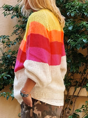  Colorblock Stripe Lantern Sleeve V Neck Sweater