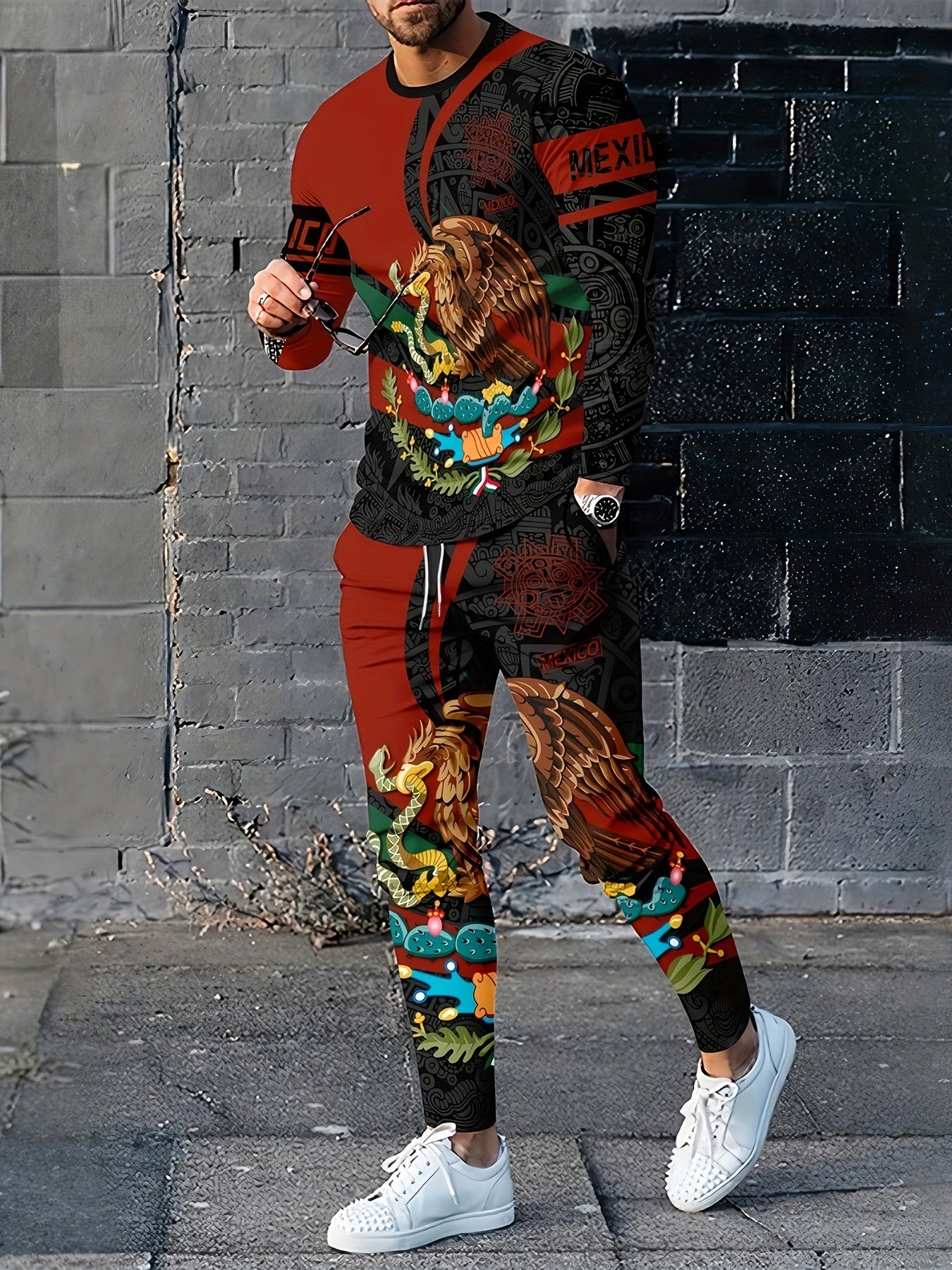 Mexico Eagle Print Men's Sweatshirt & Sweatpants Set