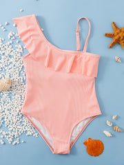 Toddler Girls One Piece Swimsuit Ruffle Trim Asymmetrical Neck
