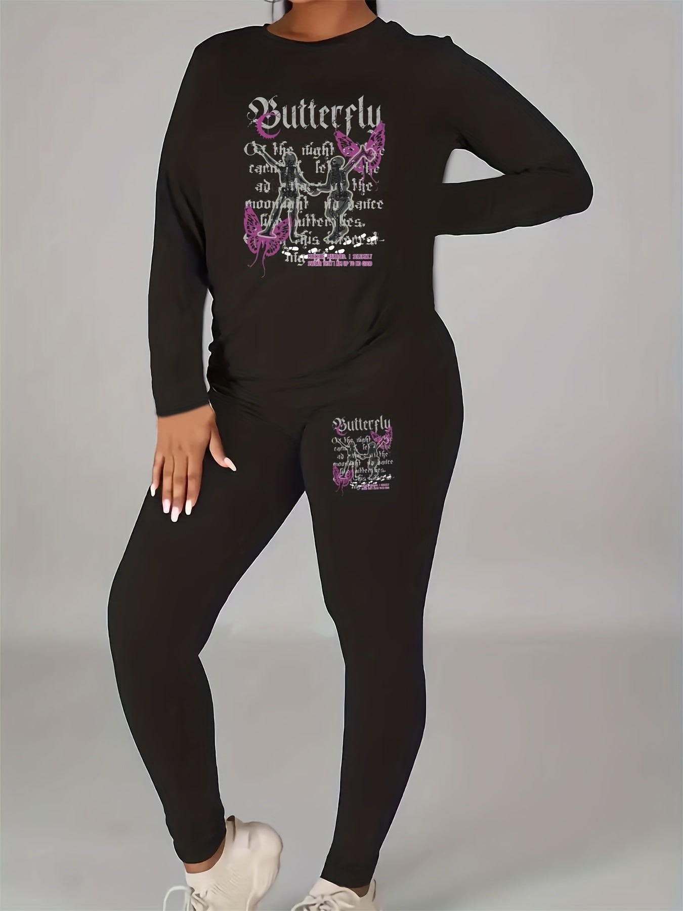 Women's Plus Size Dancing Skull & Butterfly Top & Leggings Set