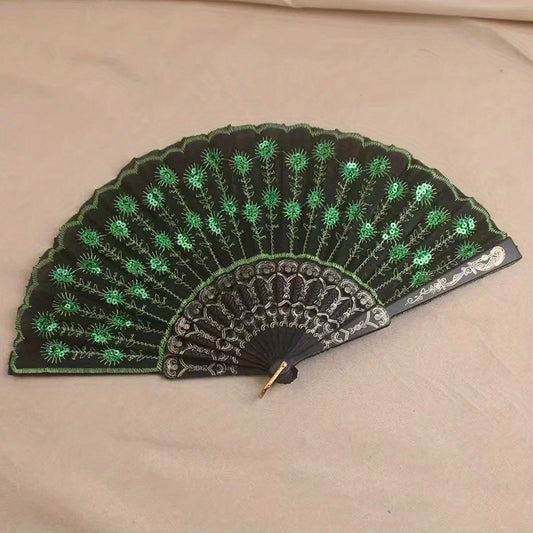 Sequin Men's Handheld Fan with Chinese Embroidery