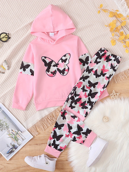 Butterfly Print Girl's 2pcs Hoodie & Sweatpants Set Kids Clothes Spring Fall
