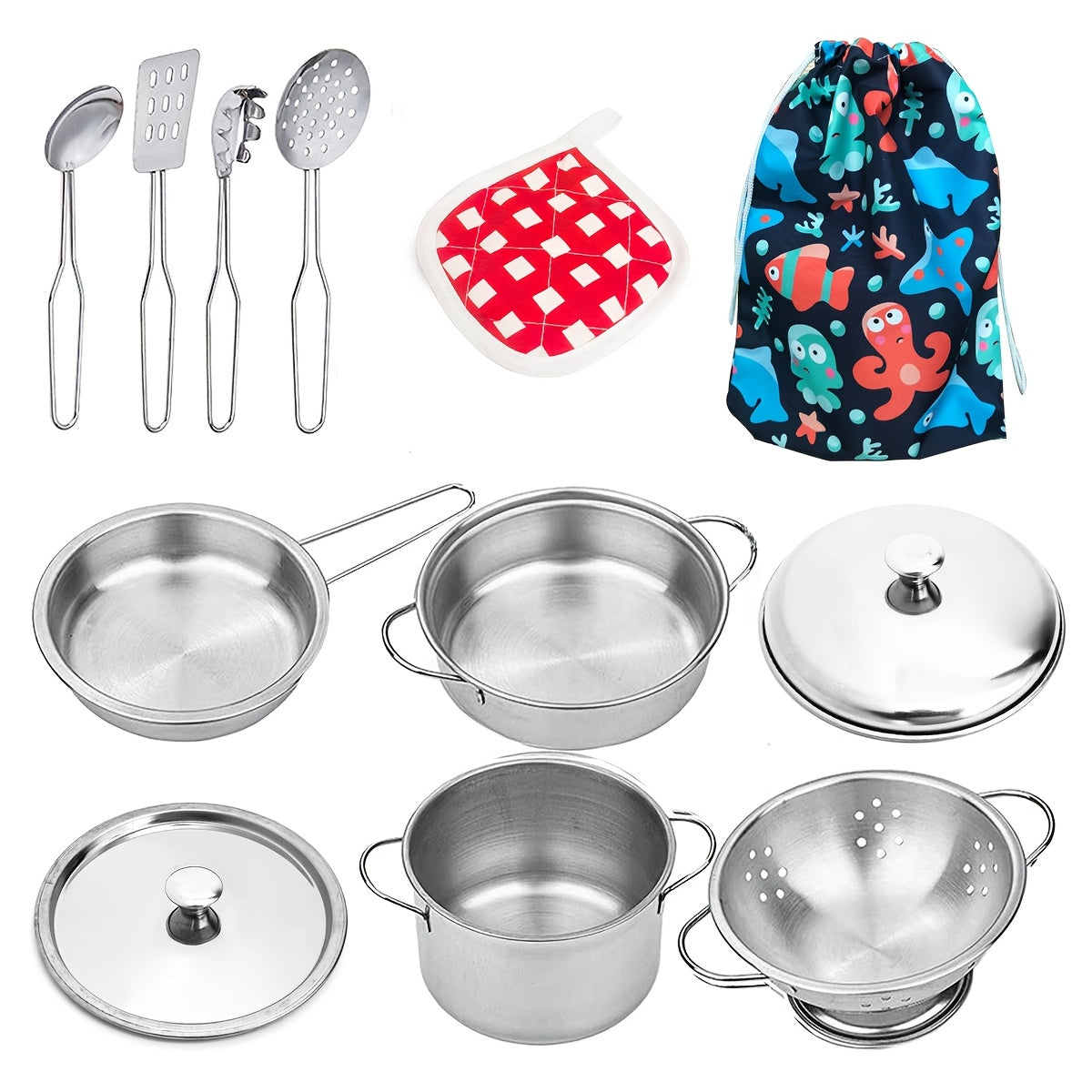 Stainless Steel 12pcs Mini Kitchen Toy Set for Pretend Cooking and Baking