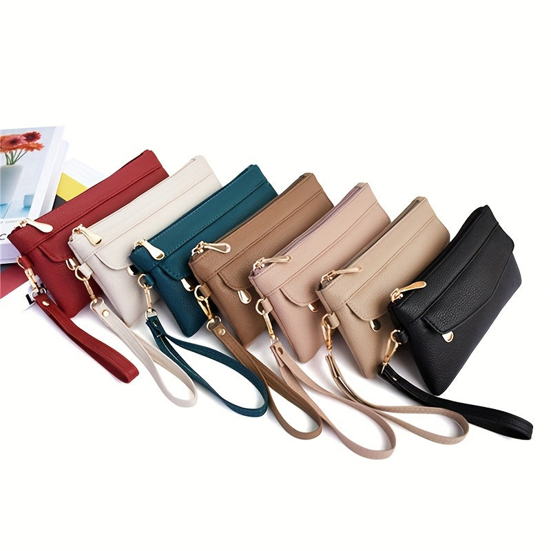 Soft PU Leather Clutch Handbag Zipper Closure Wristlet Strap