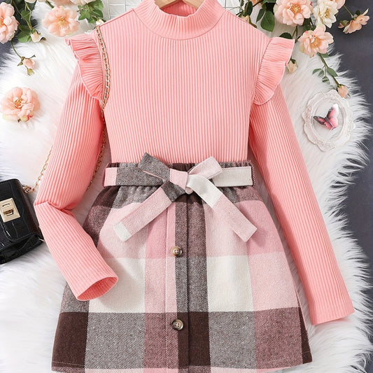 Toddler Baby Girls 2pcs Ruffle Knit Tops Bow Tie Plaid Mini