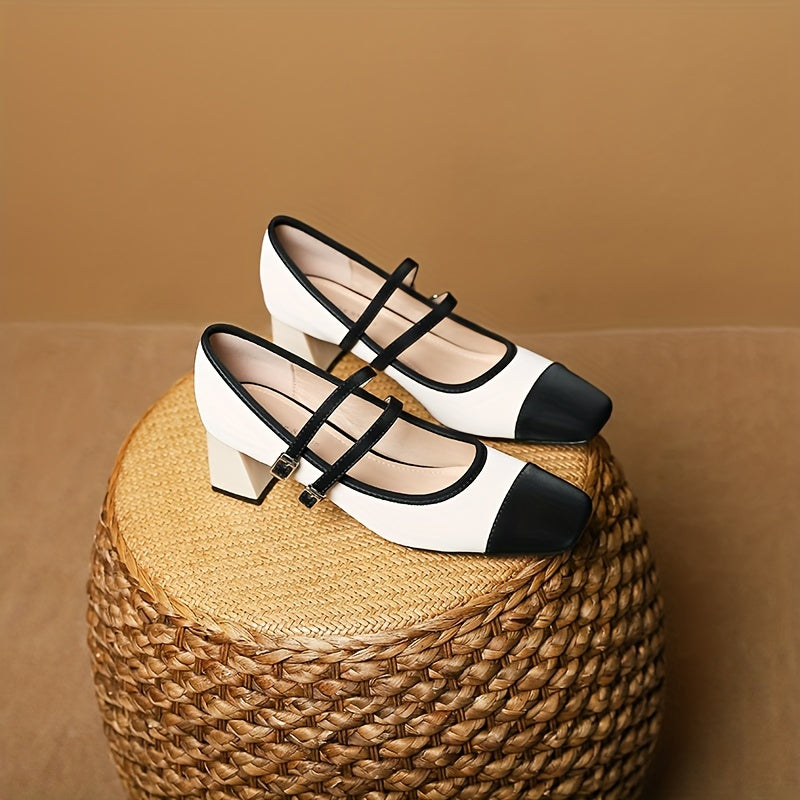 Colorblock Chunky Heels Square Toe Buckle Strap Shoes Dress Pumps
