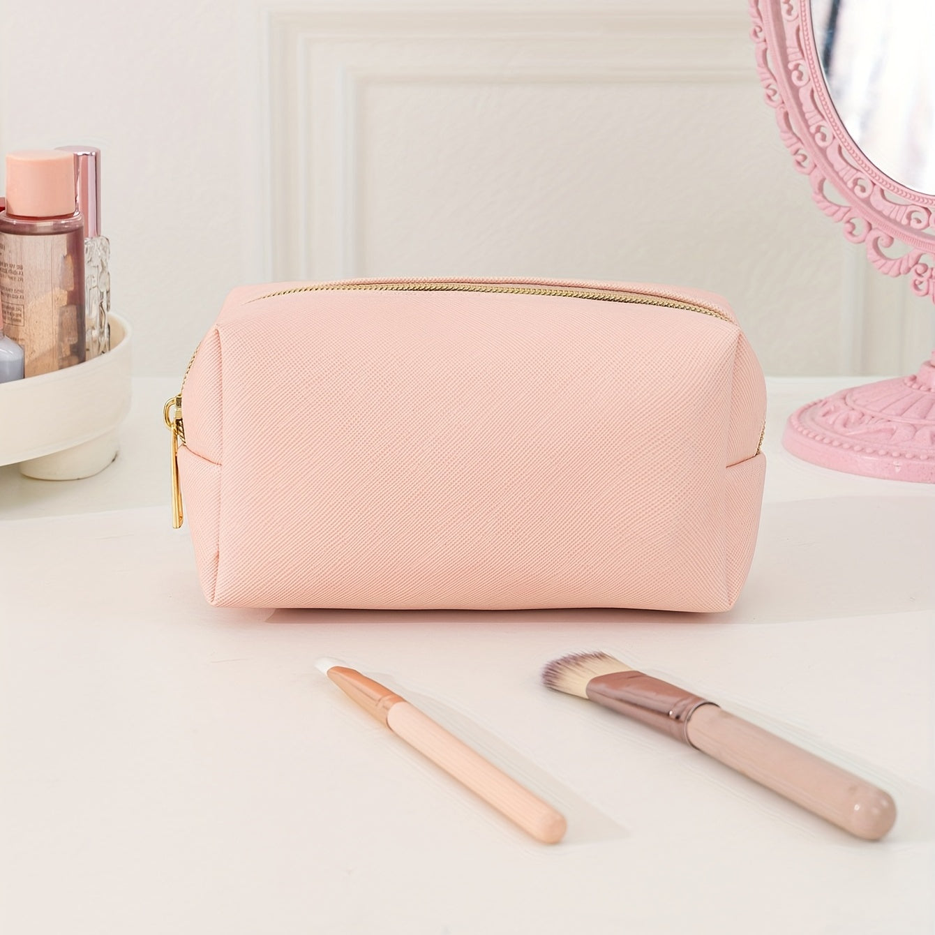 Pink Cosmetic Bag Women Makeup PU Travel Toiletry Zipper Storage Pouch